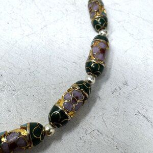 Handcrafted Cloisonné Floral Bead Strand With Green & Purple Colors Tubes